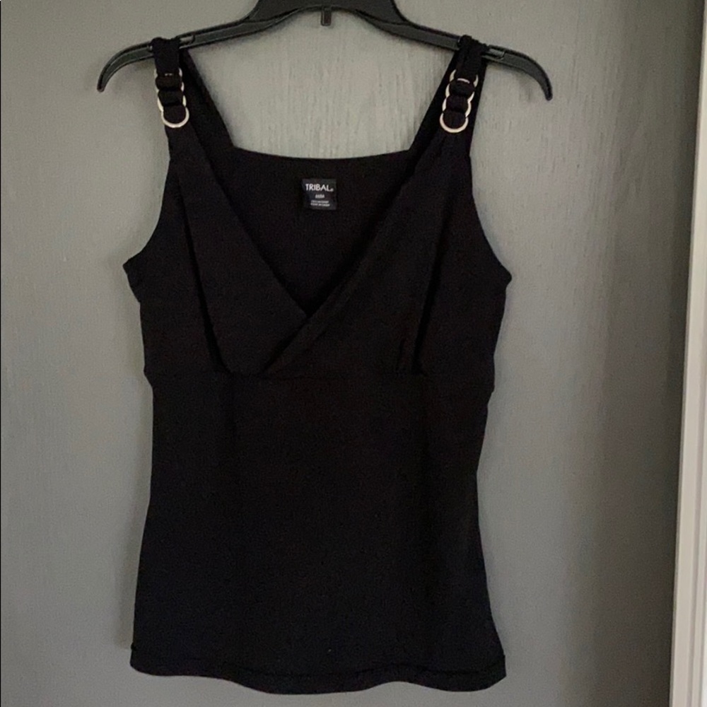 Tribal black comfortable black top. Very slimming.